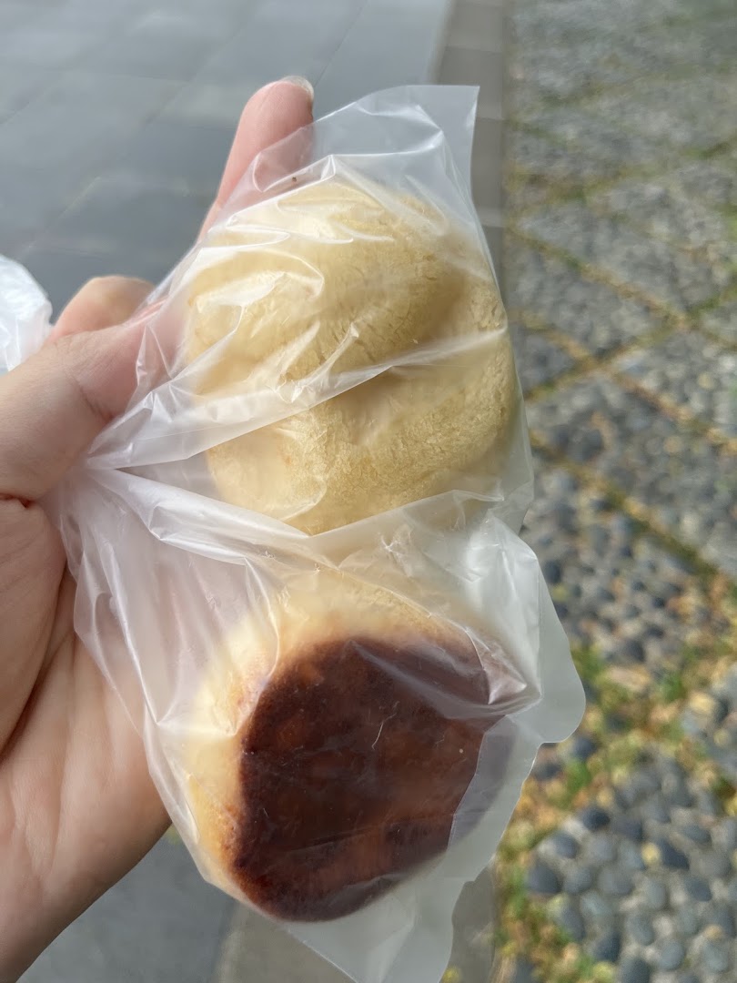 A hand holds two freshly baked pastries in clear plastic bags, showcasing their golden and browned crusts.