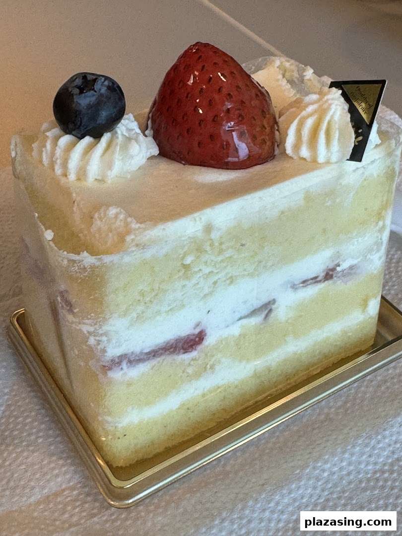 A delicious slice of strawberry shortcake with whipped cream, a strawberry, and a blueberry.