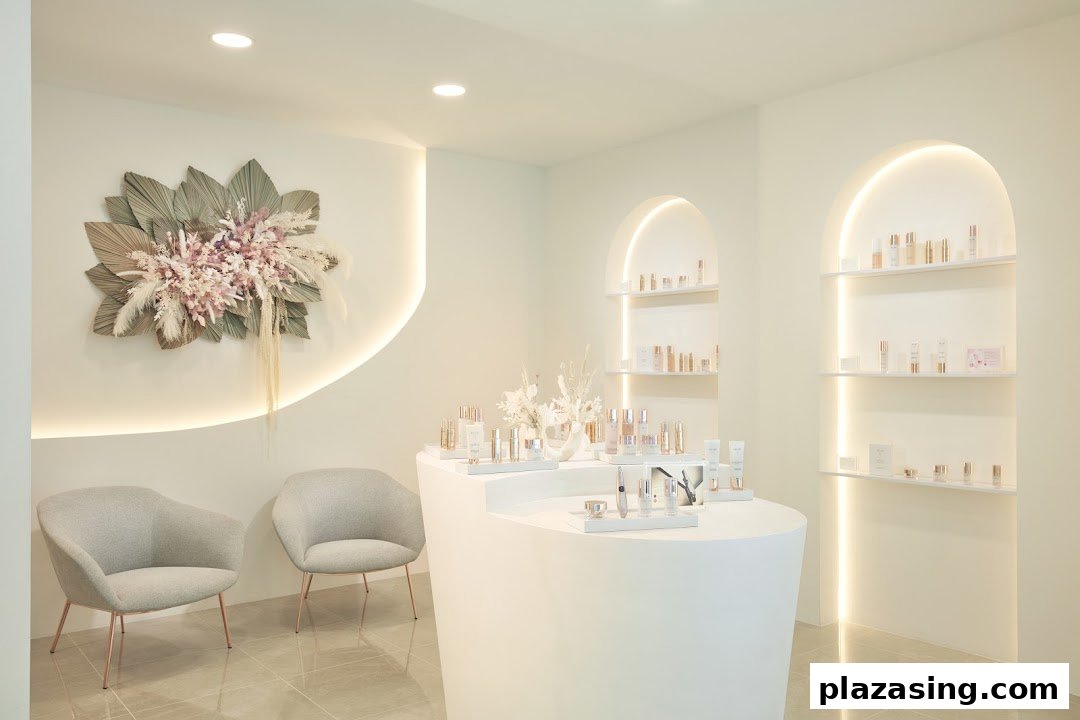 A modern and serene interior of a beauty shop, showcasing skincare products on display and comfortable seating.