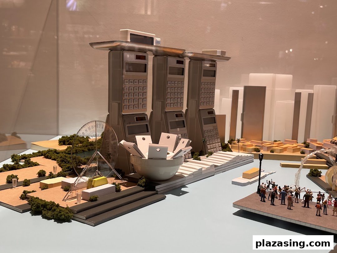 A creative miniature city model featuring iconic Singaporean landmarks reimagined with office supplies like calculators.