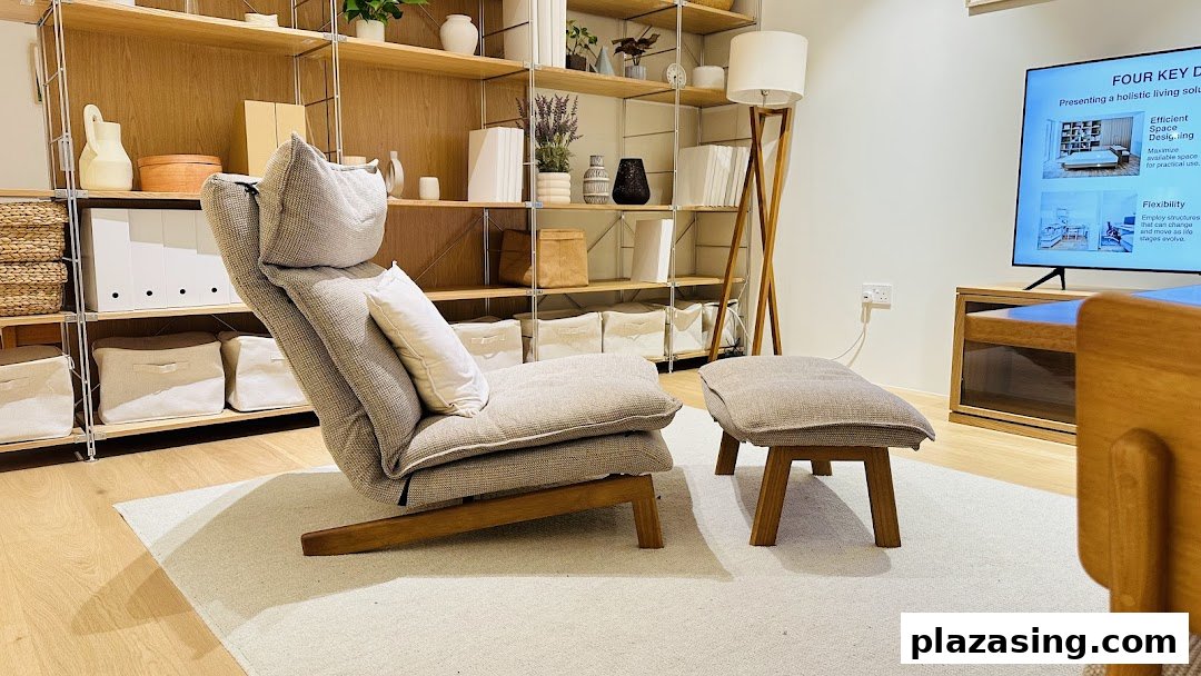 A cozy living room display featuring a comfortable chair, ottoman, and stylish shelving with home decor.
