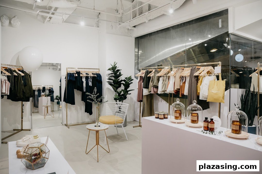 A bright, modern retail store interior featuring clothing racks, lifestyle products, and minimalist decor.
