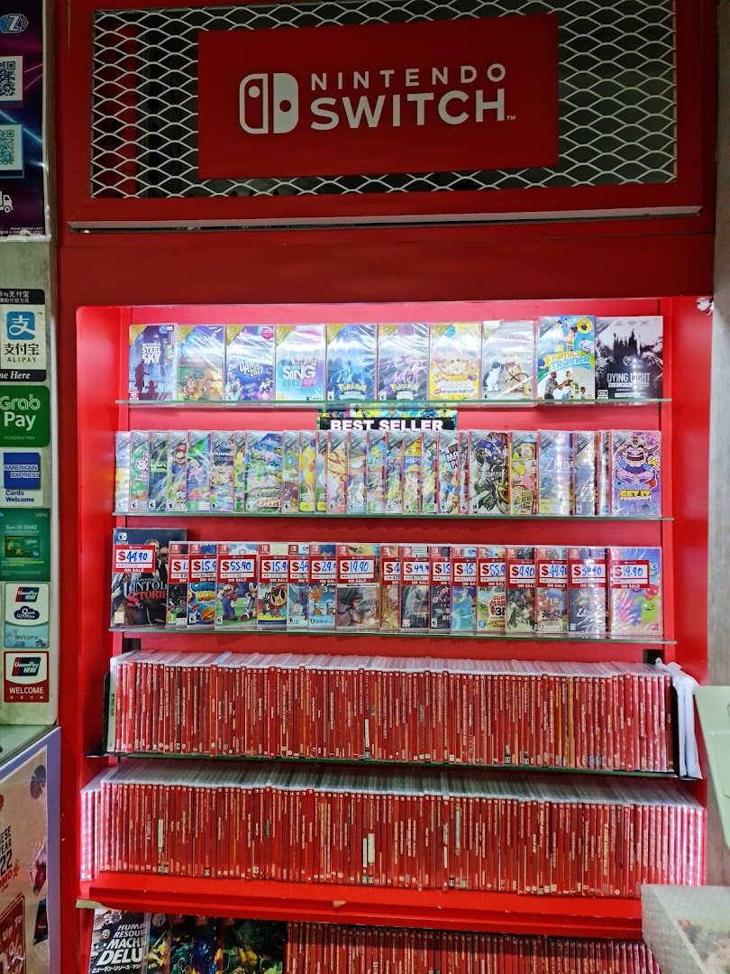 A vibrant display of Nintendo Switch games and accessories at GameMartz Plaza Sing.