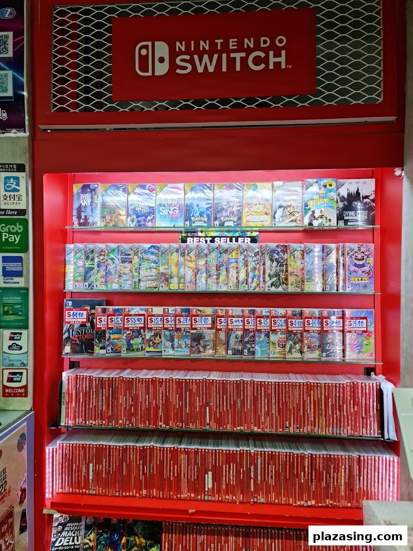 A vibrant display of Nintendo Switch games and accessories at GameMartz Plaza Sing.