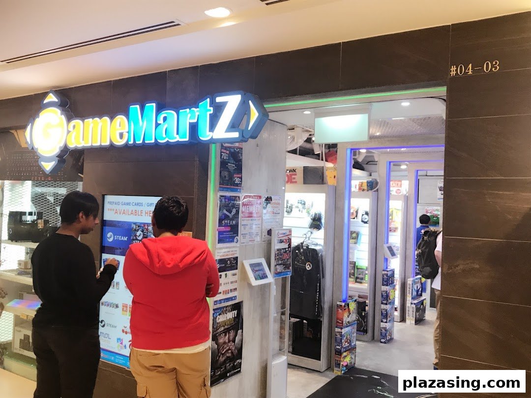 The brightly lit entrance of GameMartz, a gaming store, with customers browsing displays.