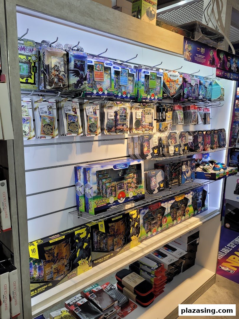 Shelves filled with a wide array of Pokémon trading card game products and gaming accessories.