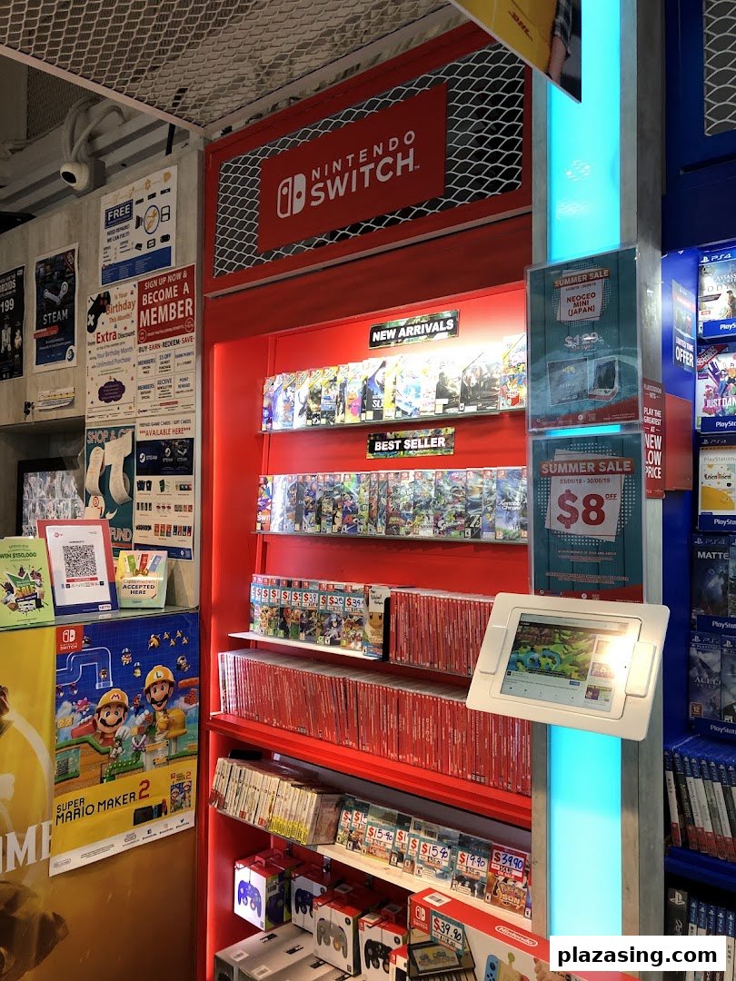 An interior view of GameMartz, featuring a vibrant display of Nintendo Switch games, new arrivals, and accessories.