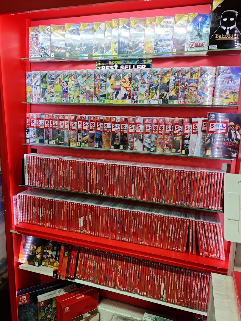 Shelves packed with a wide selection of Nintendo Switch video games and accessories.
