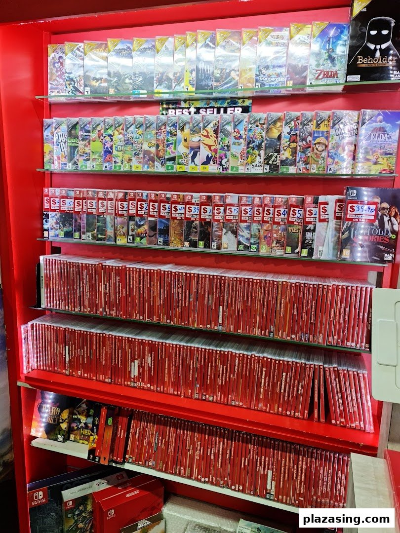 Shelves packed with a wide selection of Nintendo Switch video games and accessories.