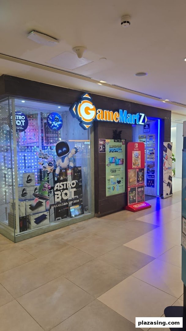 The vibrant storefront of GameMartz, showcasing gaming consoles, accessories, and promotional displays.