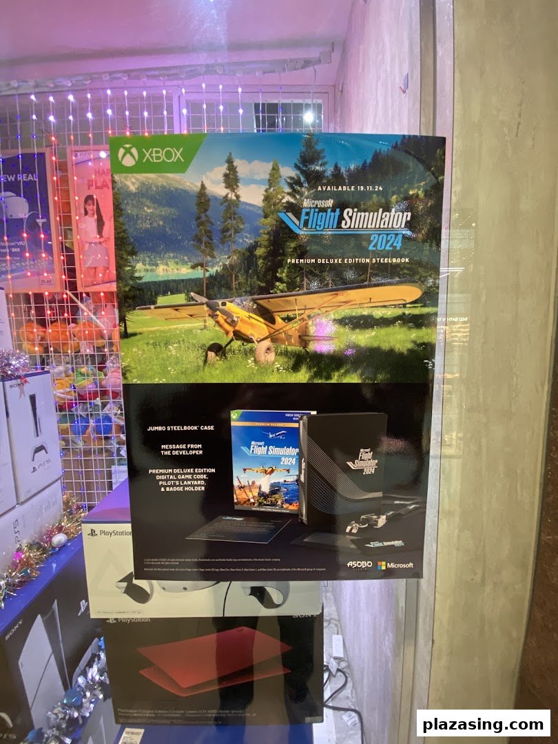 A large poster for Microsoft Flight Simulator 2024 Premium Deluxe Edition Steelbook inside a gaming shop.
