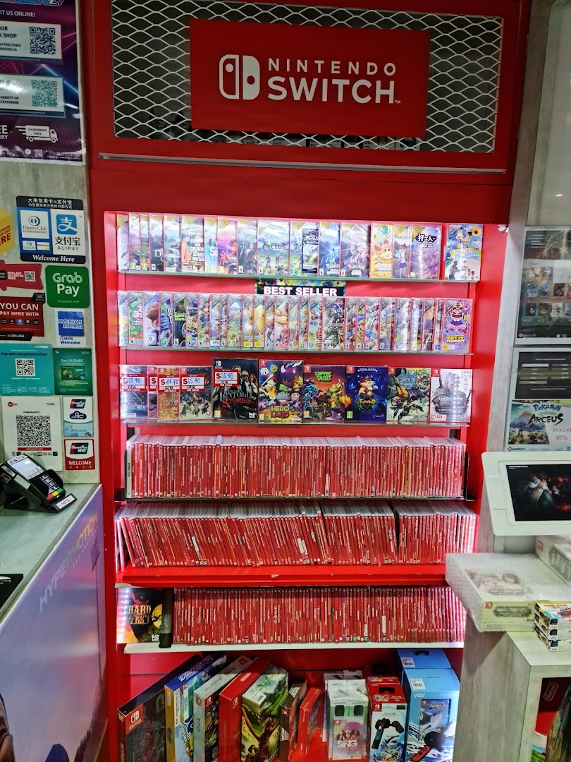 A vibrant display of Nintendo Switch games and accessories, featuring bestsellers and a wide selection.