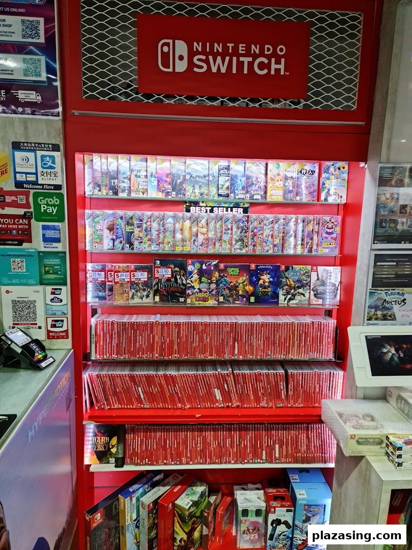 A vibrant display of Nintendo Switch games and accessories, featuring bestsellers and a wide selection.