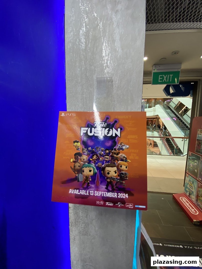 A promotional poster for the Funko Fusion game displayed on a pillar inside a shopping mall.
