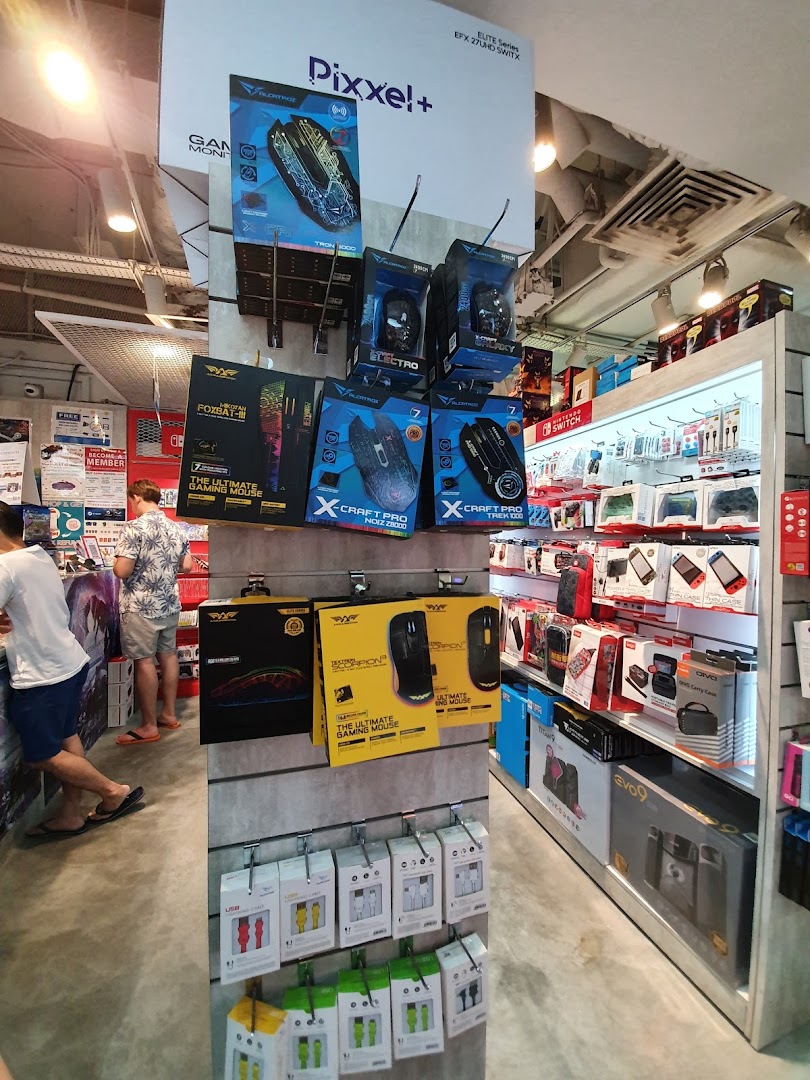 Interior view of GameMartz, showcasing gaming mice, accessories, and other tech products on display.