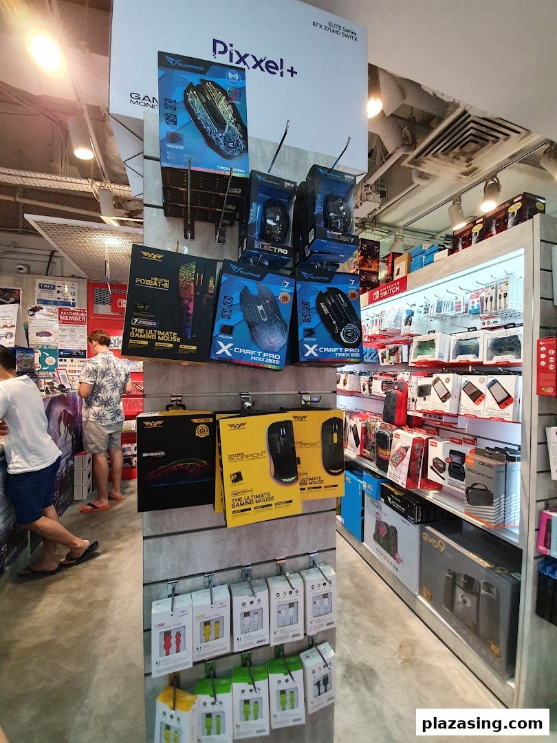 Interior view of GameMartz, showcasing gaming mice, accessories, and other tech products on display.