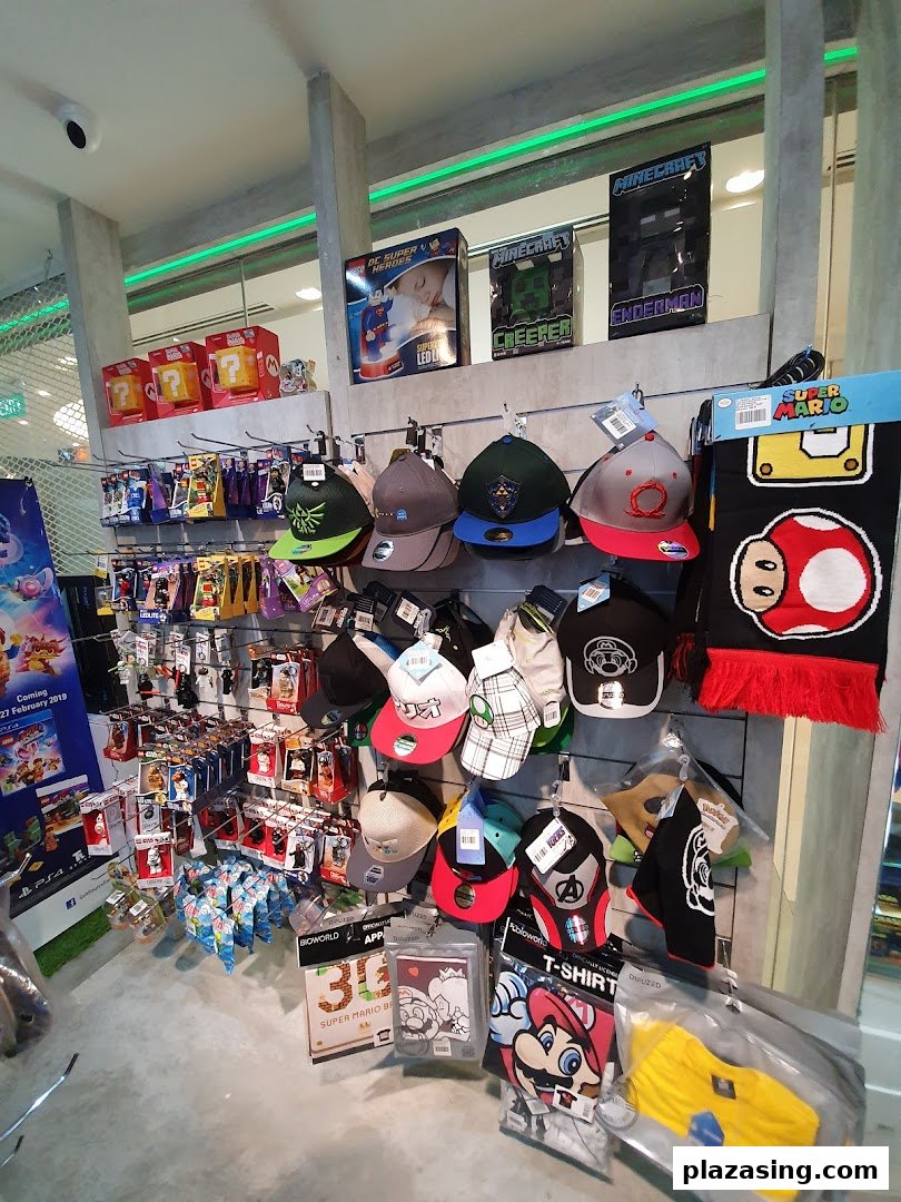 A vibrant display of gaming merchandise, including hats, apparel, and accessories, featuring popular characters.