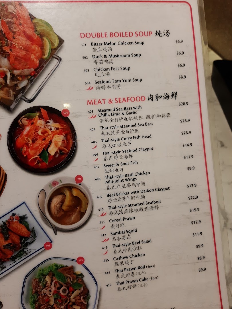 A detailed menu page showcasing a variety of double-boiled soups and meat & seafood dishes.