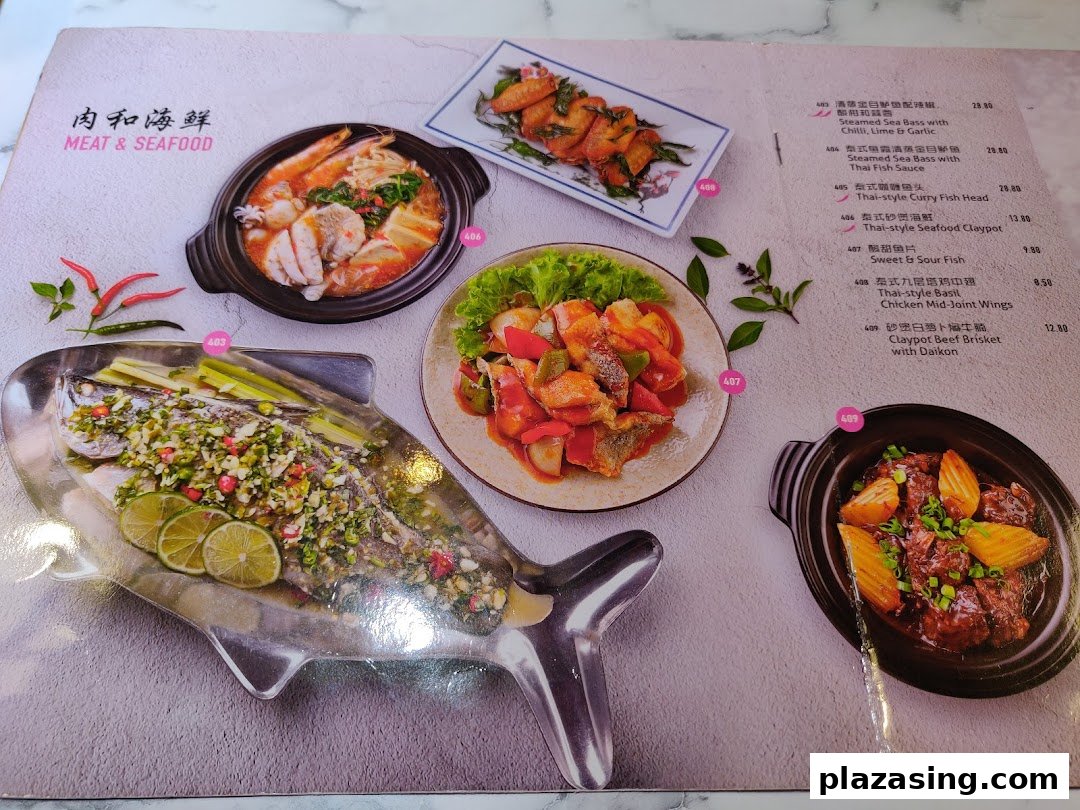 A menu page showcasing various Thai meat and seafood dishes with vibrant photos and prices.