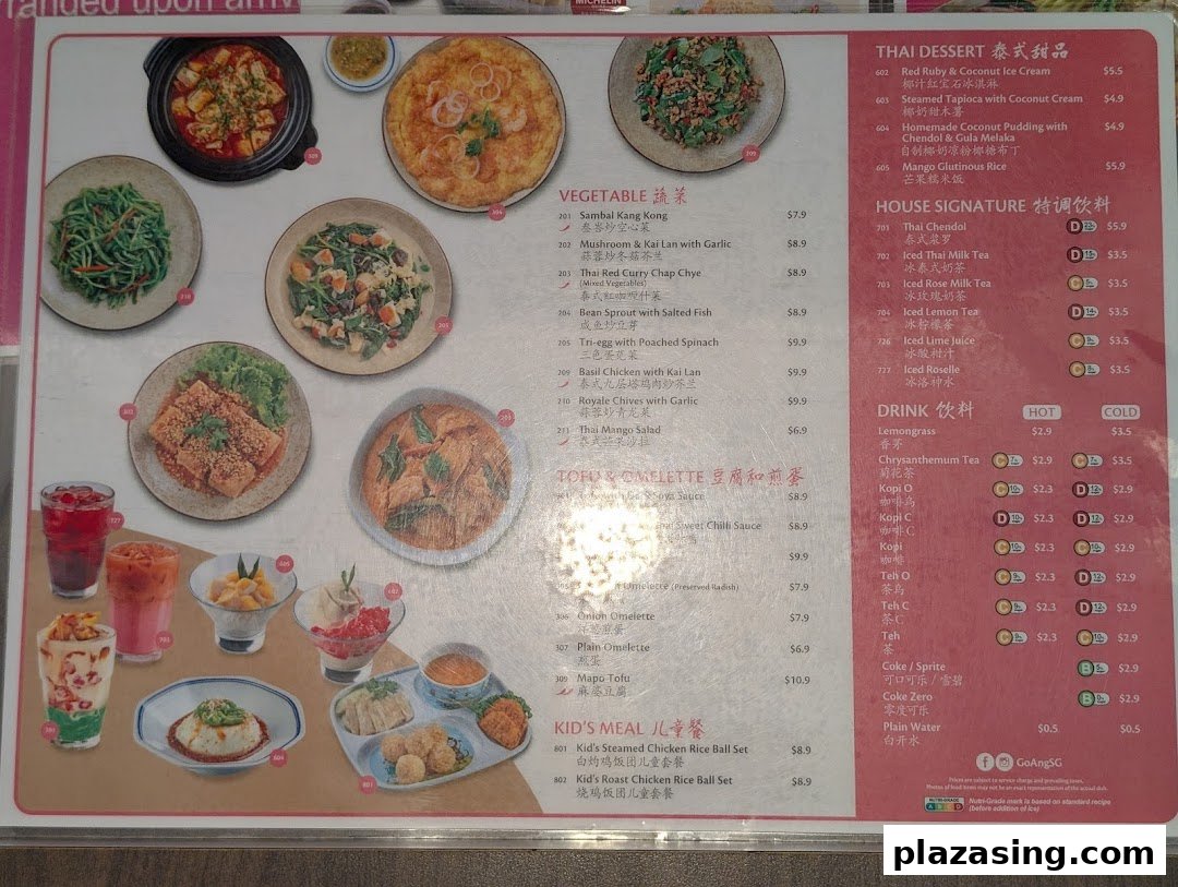 A comprehensive menu board displaying a variety of Thai desserts, vegetables, tofu, omelettes, kids' meals, and beverages.