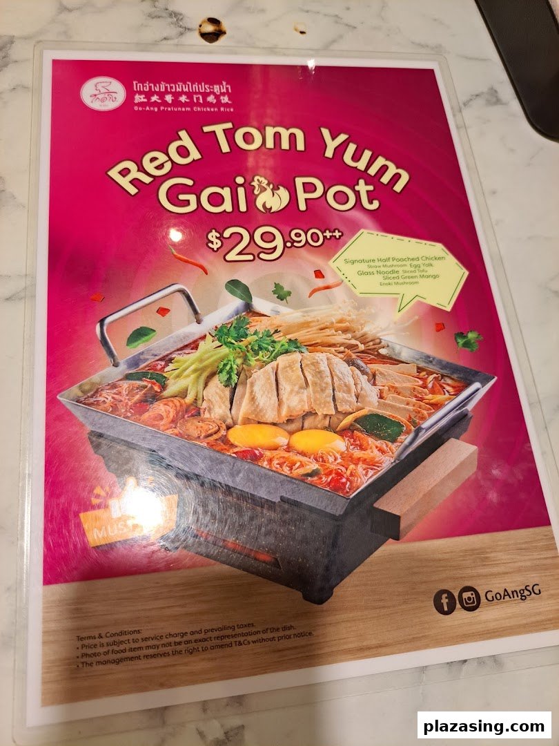 A menu page featuring the 'Red Tom Yum Gai Pot' dish with its price and key ingredients.