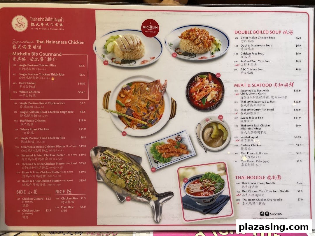 A detailed menu displaying various Thai dishes, including chicken rice, soups, seafood, and noodles, with prices.