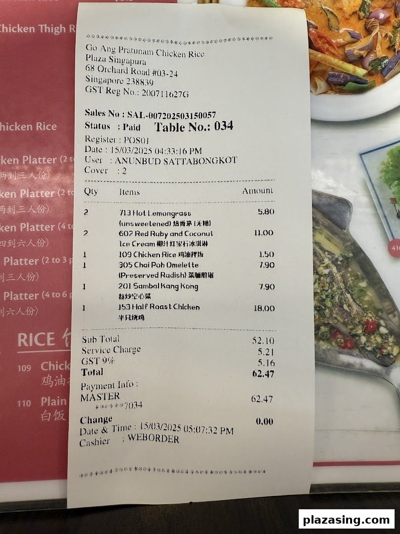A detailed receipt from Go-Ang Pratunam Chicken Rice, listing ordered items and total cost.