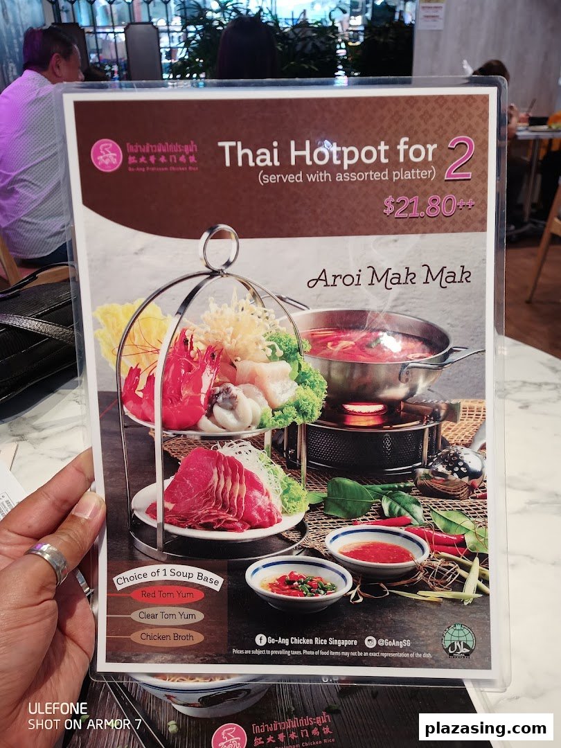 A menu displaying a Thai Hotpot for two with an assorted platter and soup base choices.
