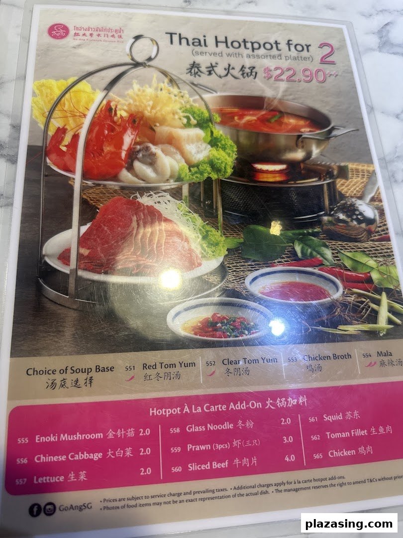 A menu page showcasing a Thai Hotpot set for two with various soup bases and add-ons.