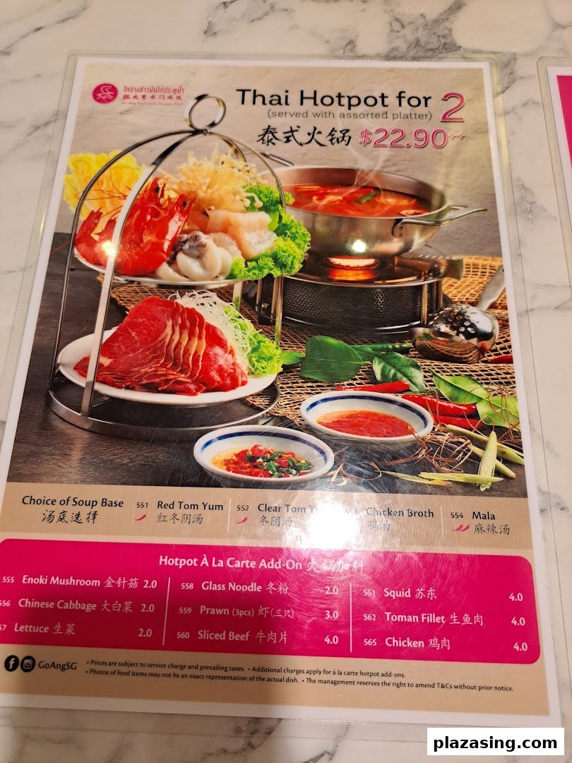 A menu page showcasing Go-Ang Pratunam Chicken Rice's Thai Hotpot for two, including soup base choices and add-ons.