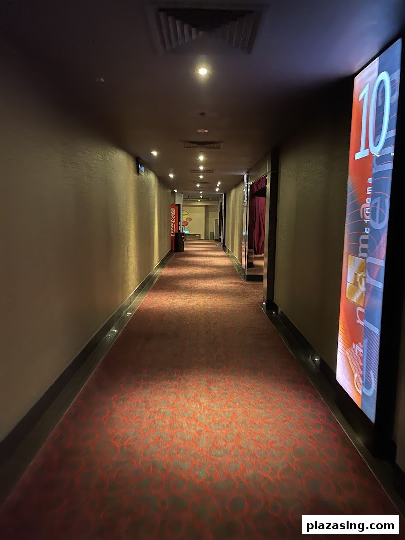 A long, dimly lit hallway with red patterned carpet, leading to cinema halls, featuring a Coca-Cola machine and a hall number sign.