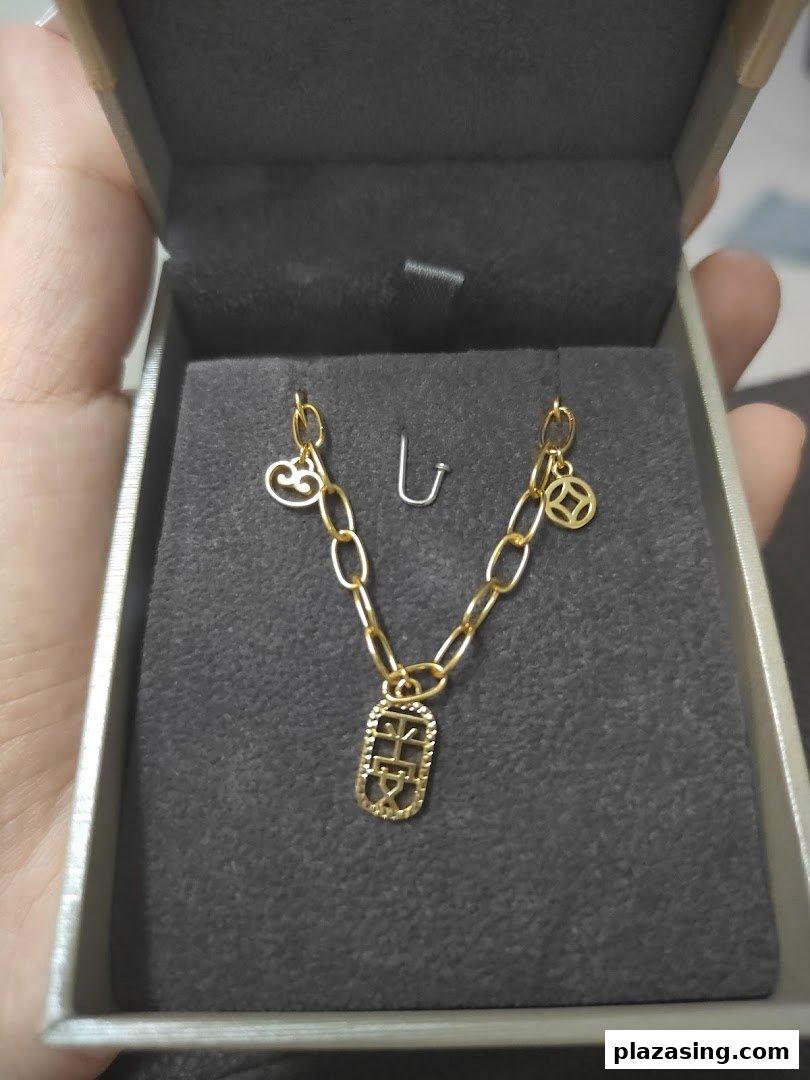 A delicate gold charm bracelet with symbolic charms displayed in a grey jewelry box.
