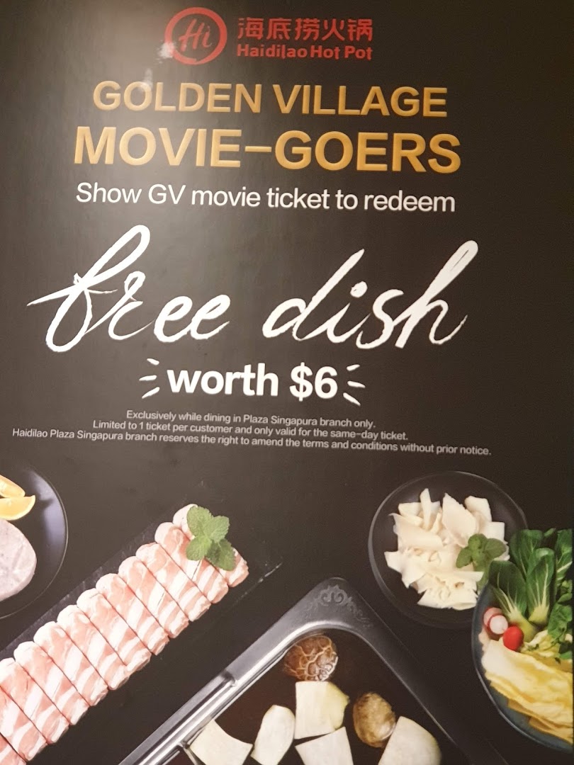 A promotional poster for Haidilao Hot Pot offering a free dish for Golden Village movie-goers.