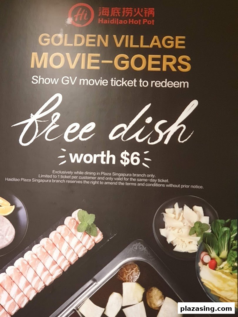 A promotional poster for Haidilao Hot Pot offering a free dish for Golden Village movie-goers.