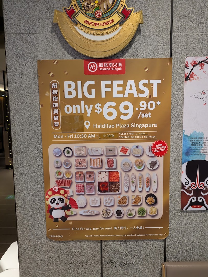 A promotional poster for Haidilao Hot Pot's 'BIG FEAST' set meal offer at Plaza Singapura.