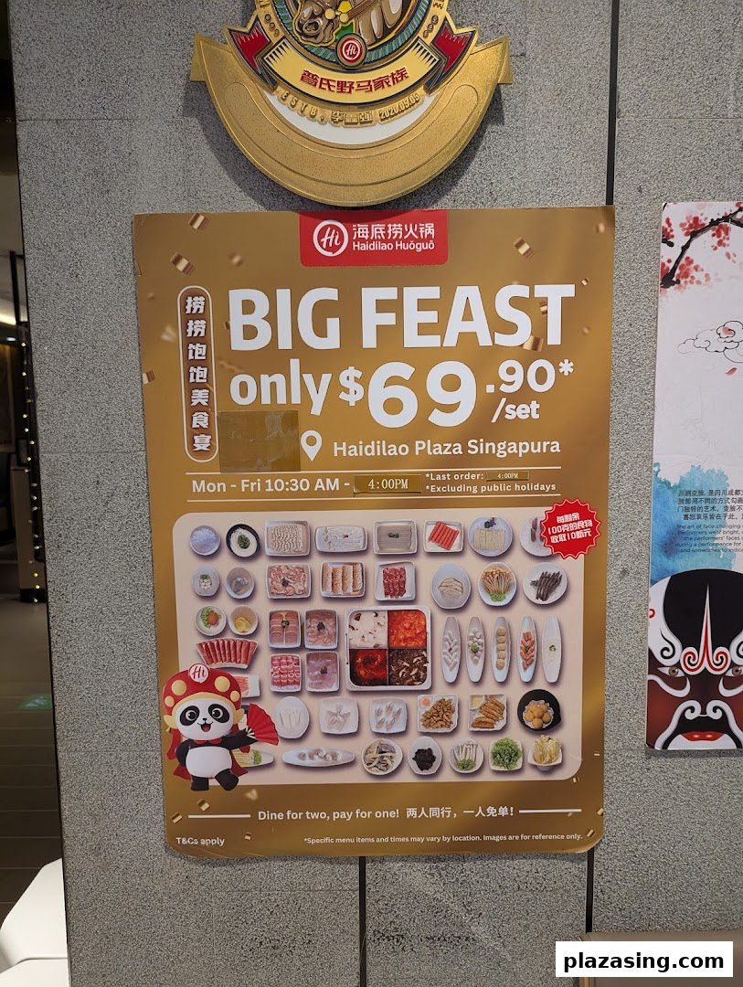 A promotional poster for Haidilao Hot Pot's 'BIG FEAST' set meal offer at Plaza Singapura.