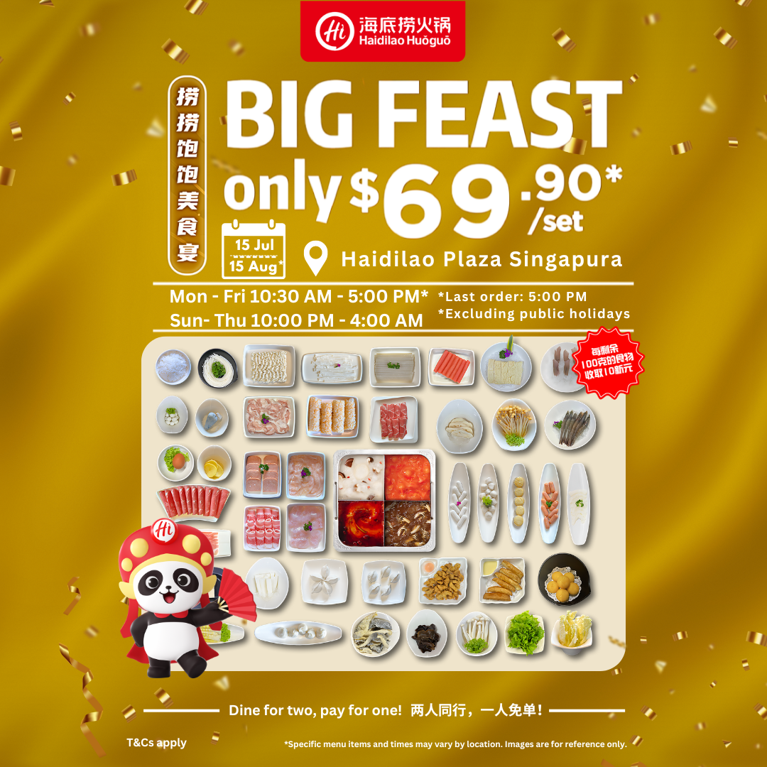 Haidilao Hot Pot's 'Big Feast' promotion featuring a variety of hot pot ingredients for $69.90/set.
