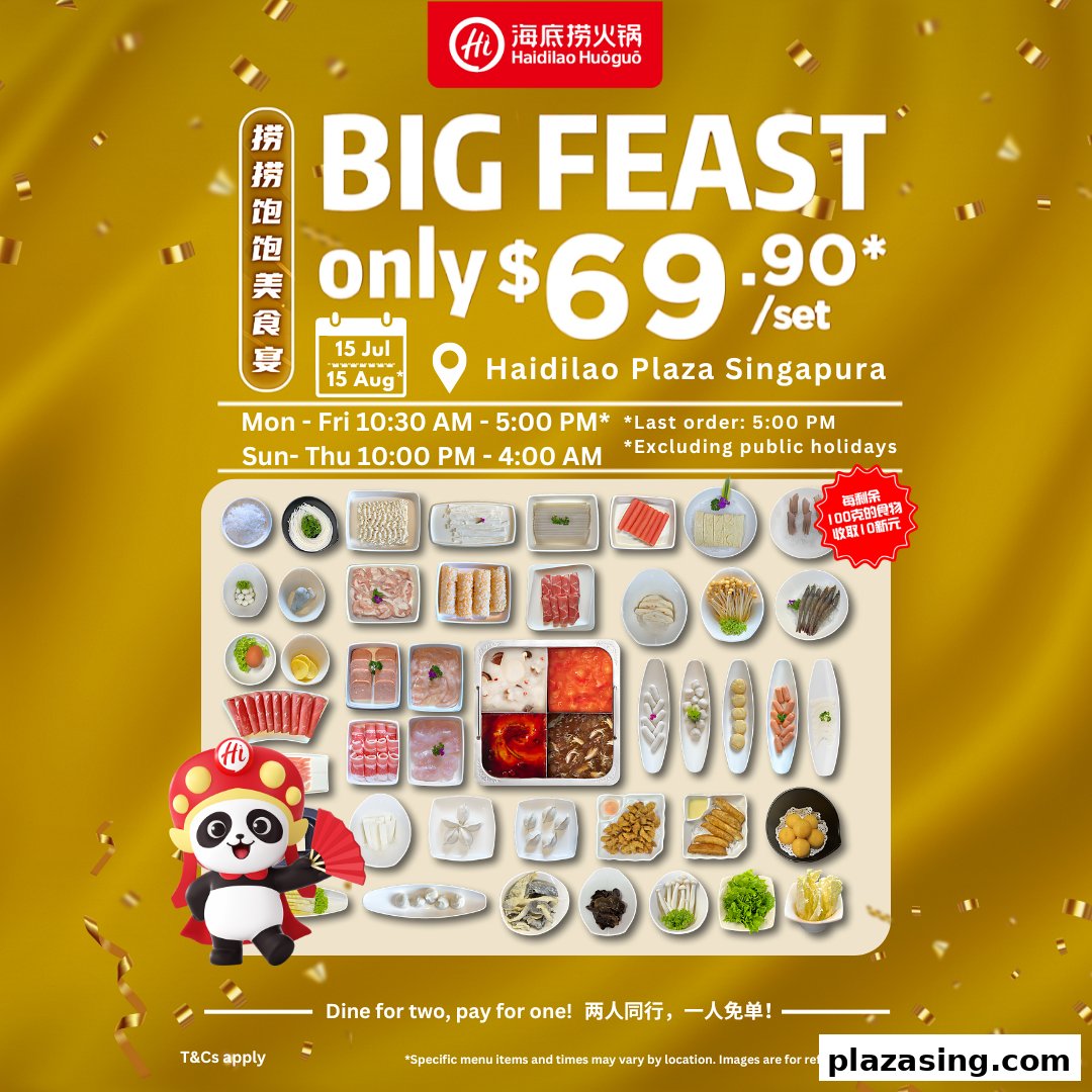 Haidilao Hot Pot's 'Big Feast' promotion featuring a variety of hot pot ingredients for $69.90/set.