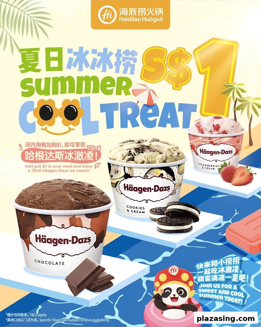 Haidilao offers Häagen-Dazs ice cream for $1 with meal purchase, featuring chocolate, cookies & cream, and strawberry.
