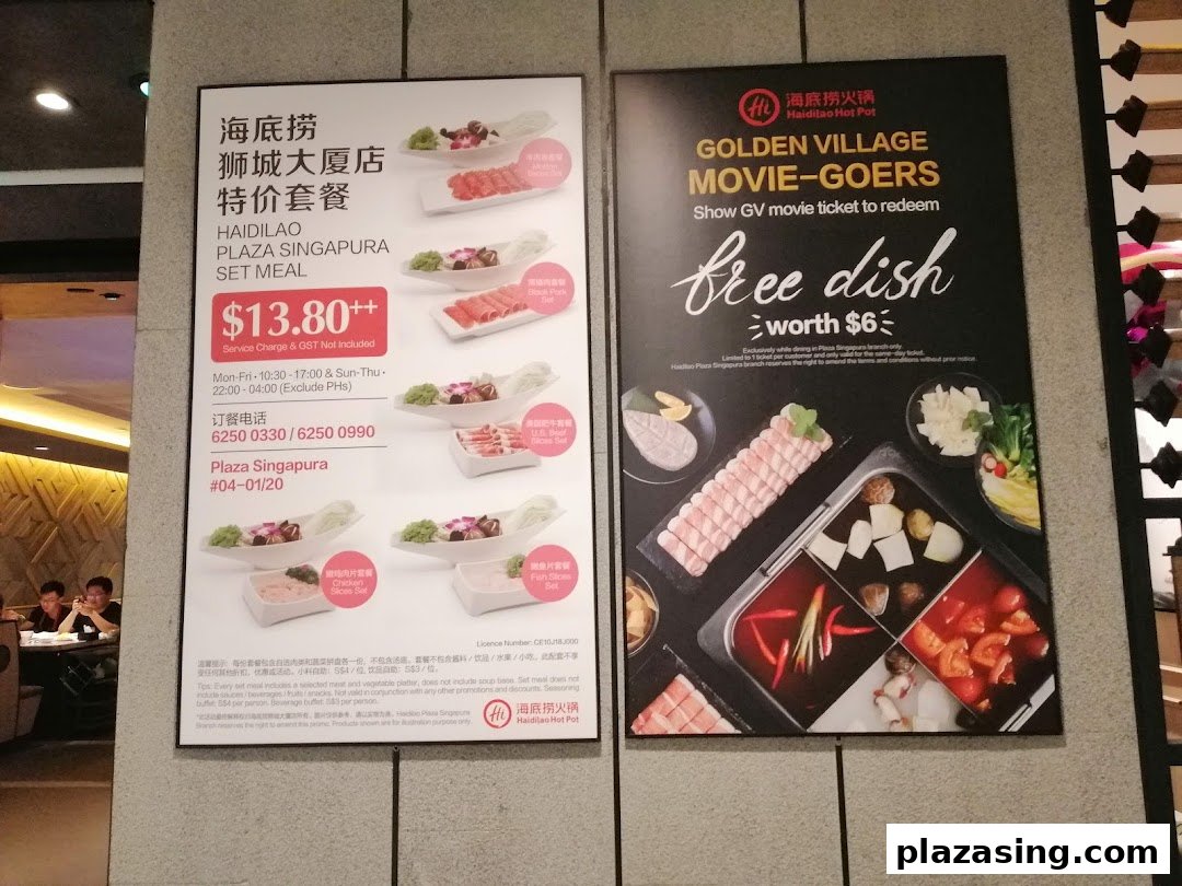 Two promotional posters for Haidilao Hot Pot, featuring a set meal offer and a movie-goer discount.