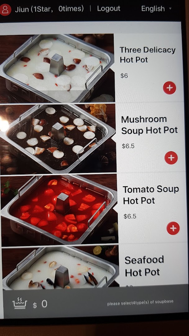 A digital menu displaying various hot pot soup base options with prices and images.