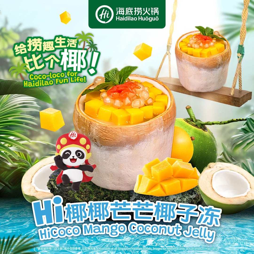 A vibrant image showcasing Haidilao's Hicoco Mango Coconut Jelly dessert with fresh mango.