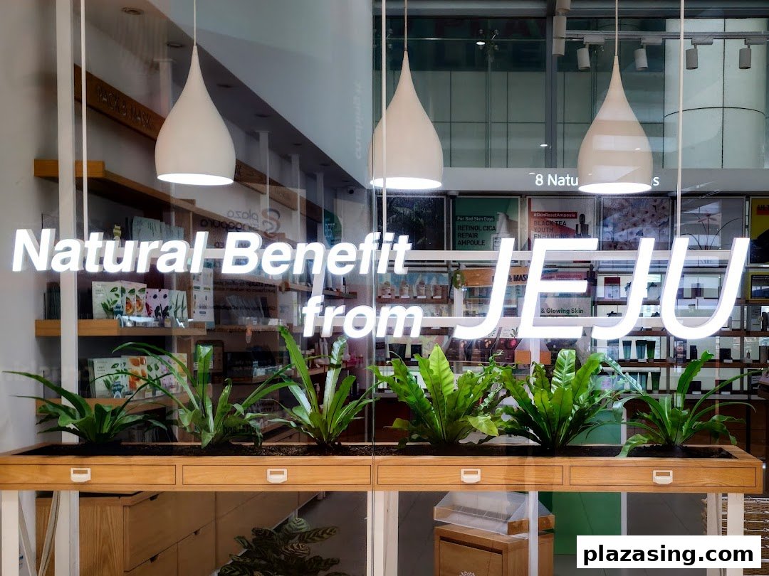 Innisfree shop front featuring 'Natural Benefit from JEJU' text and a planter box with green plants.