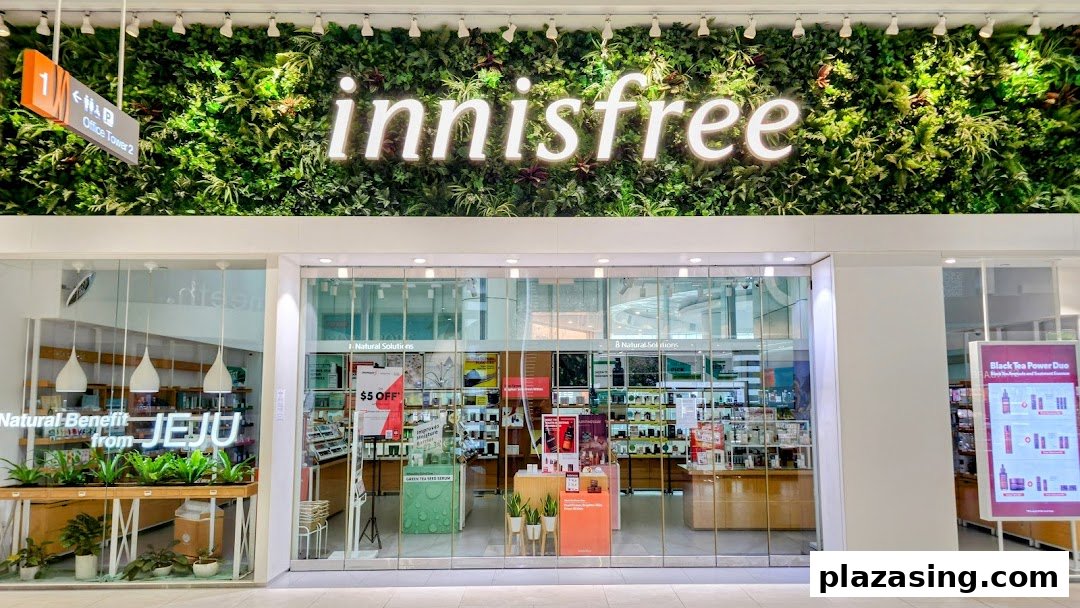 The innisfree shop front features a lush green wall with its logo, showcasing natural beauty products inside.