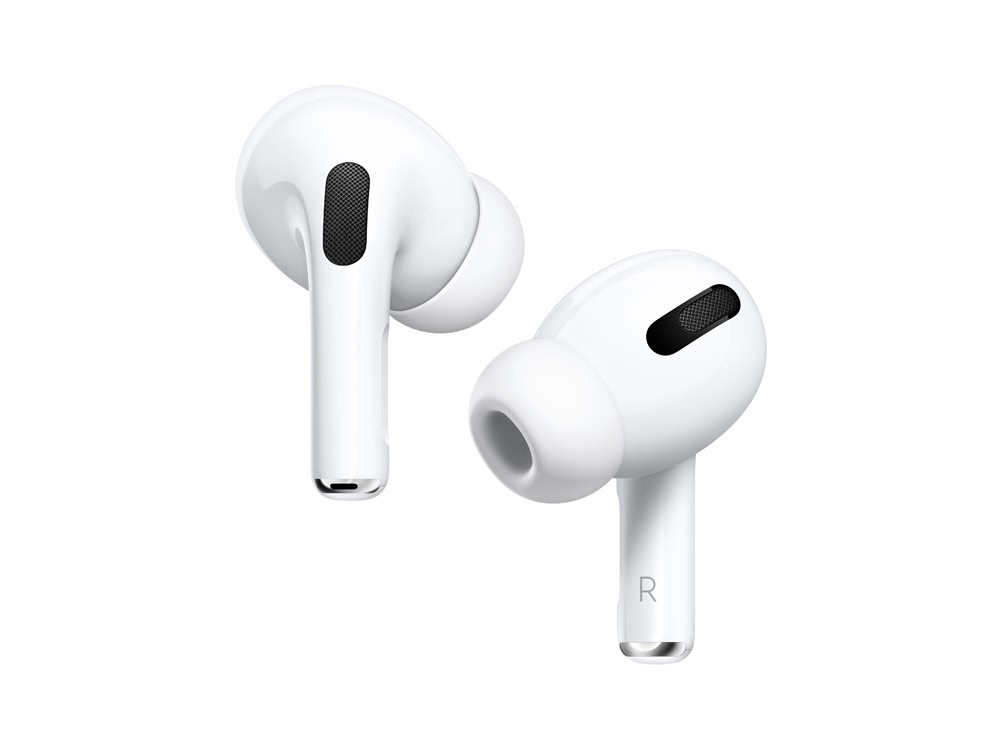 A pair of white Apple AirPods Pro earbuds displayed on a clean white background.