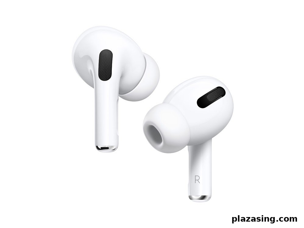 A pair of white Apple AirPods Pro earbuds displayed on a clean white background.