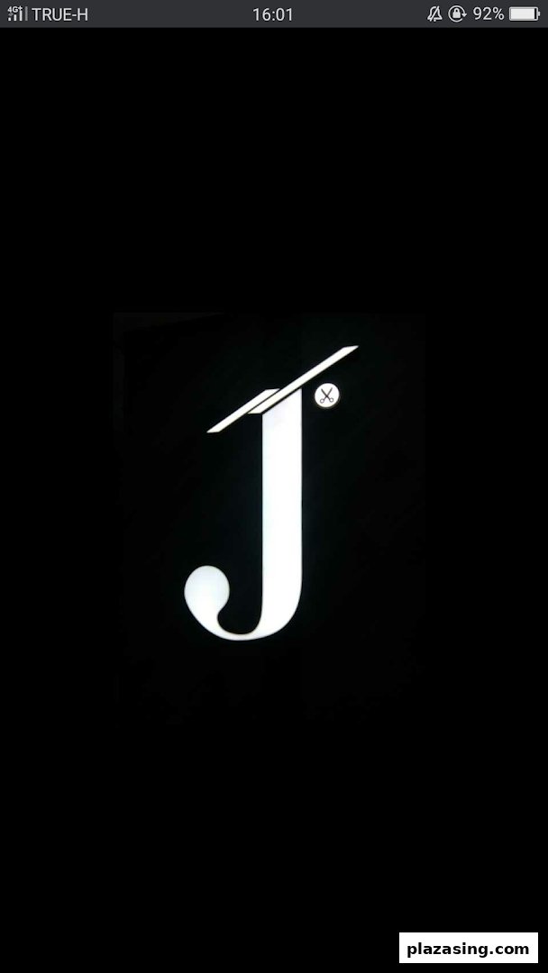 A bright white, stylized 'J' logo with a small scissor icon on a black background.