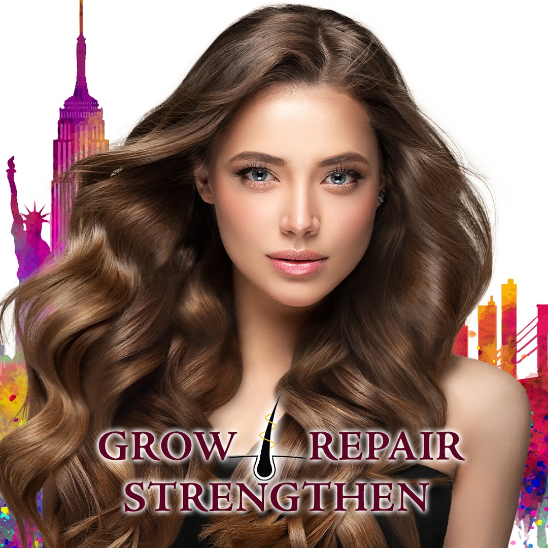A woman with voluminous hair, text 'GROW REPAIR STRENGTHEN', and colorful city silhouettes.