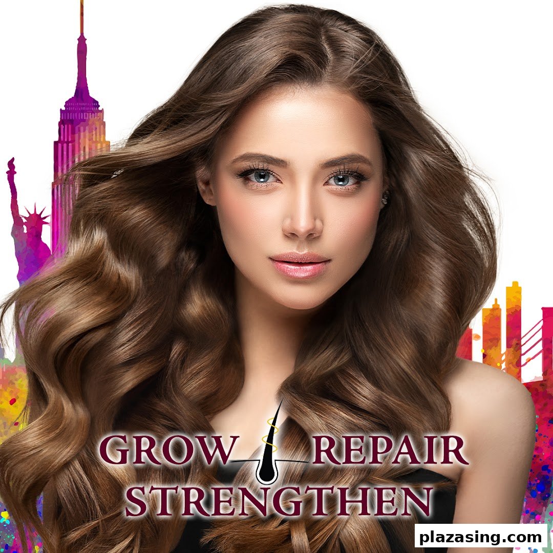 A woman with voluminous hair, text 'GROW REPAIR STRENGTHEN', and colorful city silhouettes.