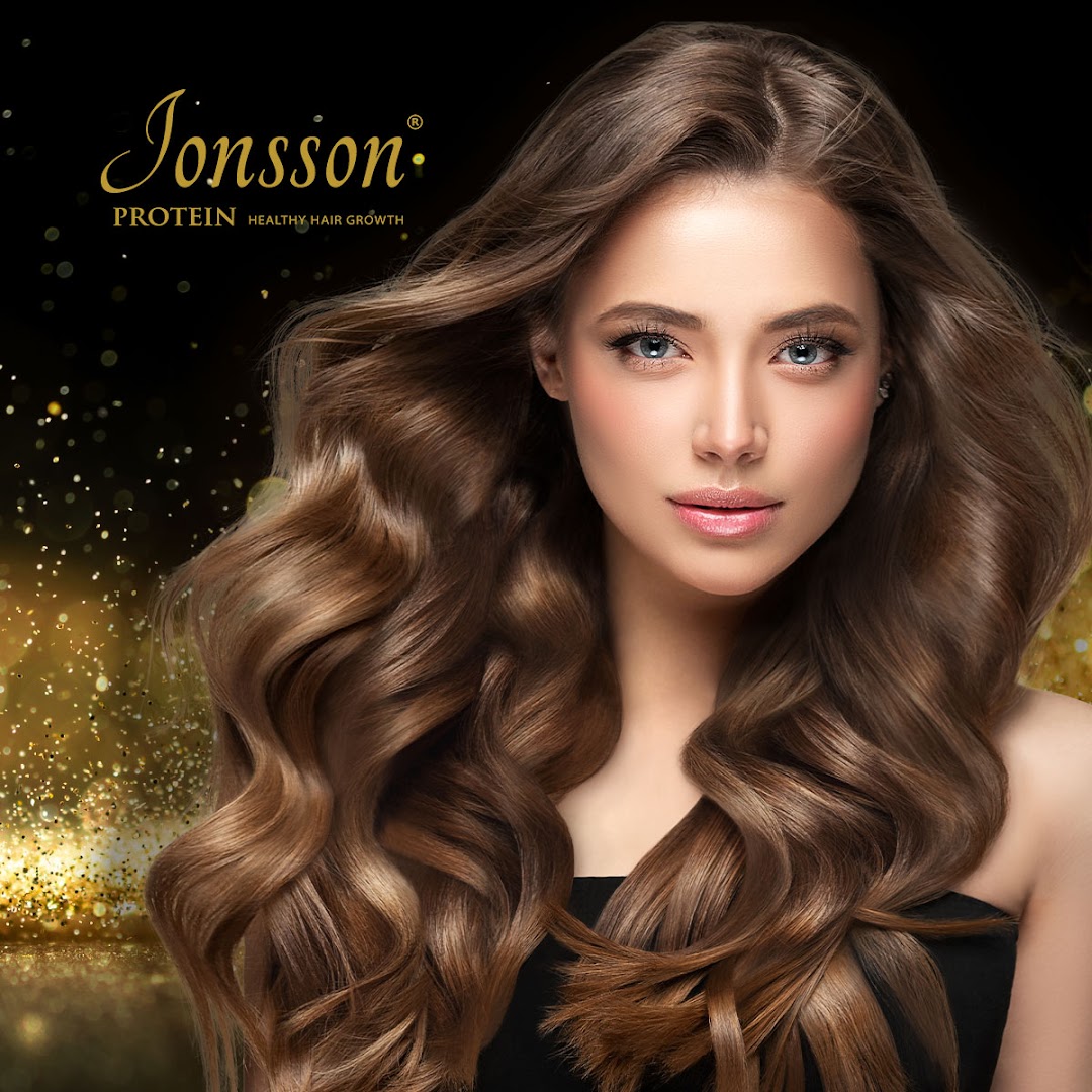 A woman with long, healthy, wavy brown hair, showcasing Jonsson Protein's focus on hair growth.